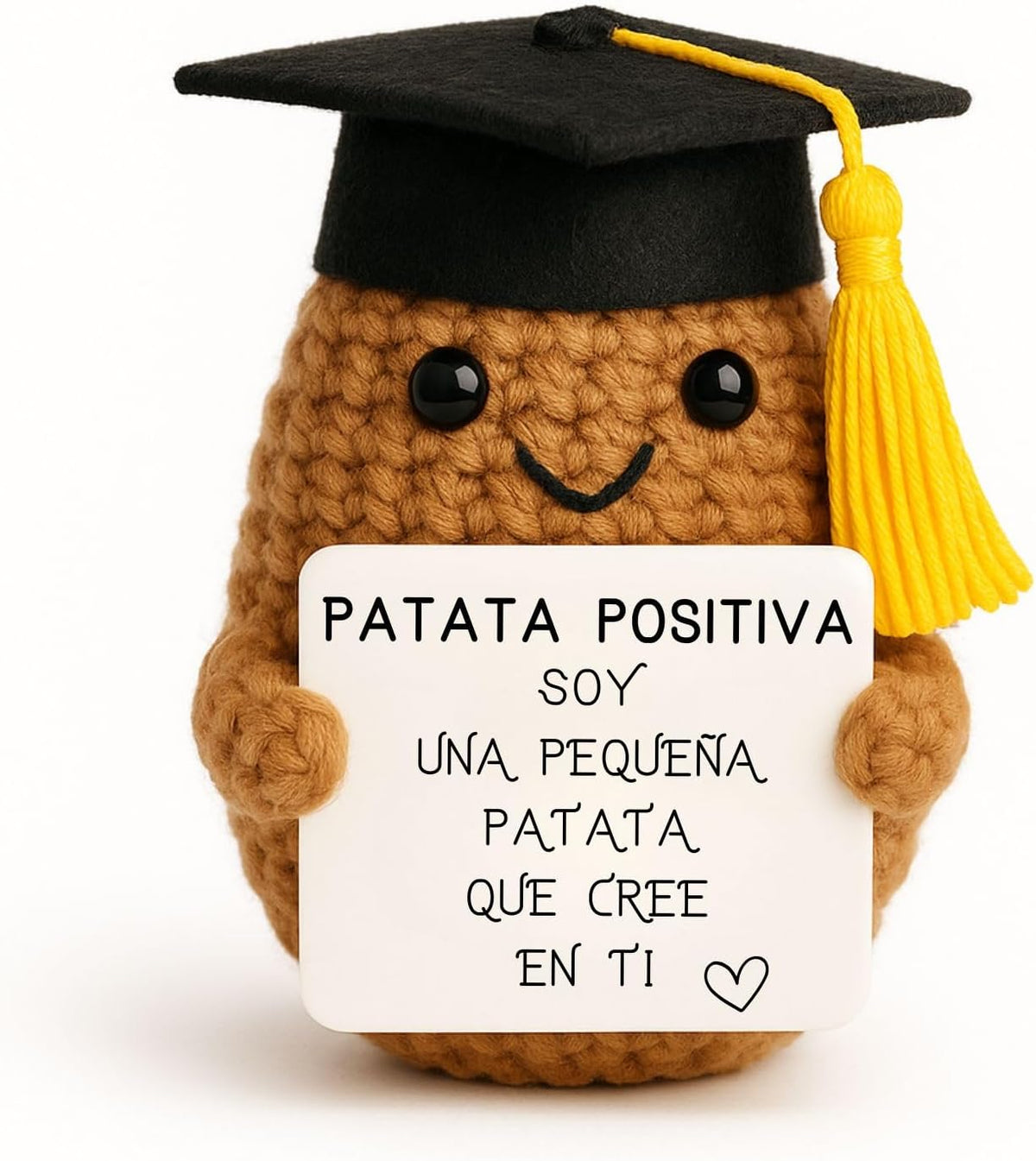 Patata Estudiosa - patata de ganchillo hecha a mano con birrete de graduación y mensaje positivo «Creo en ti»