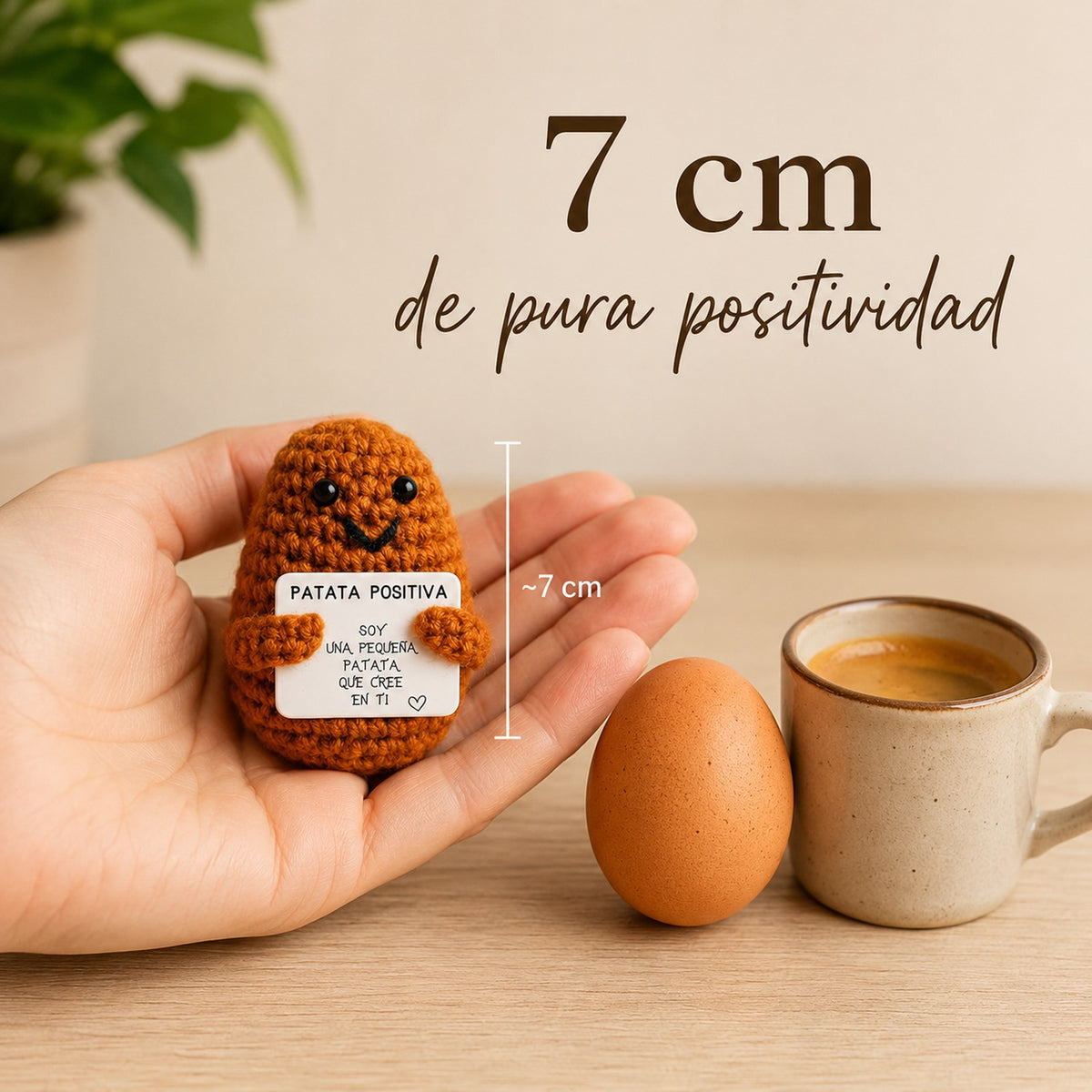 Patata Positiva - 7 cm de pura positividad, tamaño real en la mano